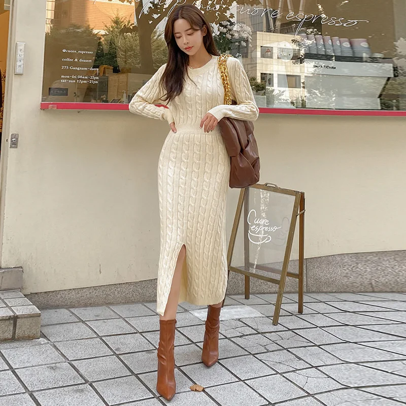 

Elegant Long Knitted Dress with Coat round Neck over Knee Length Fashionable Sweater Skirt for Women Commute Style Thin Material