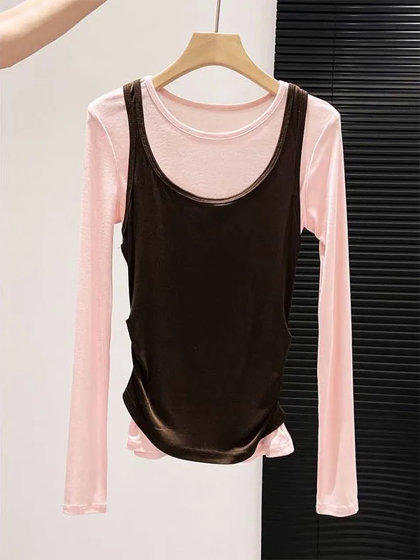 Conjunto de Camiseta de Manga Larga Color Blo para Mujer, Estilo Coreano, Informal, Sencillo, con Cintura Plegada, Estiliza la Figura, para Otoño