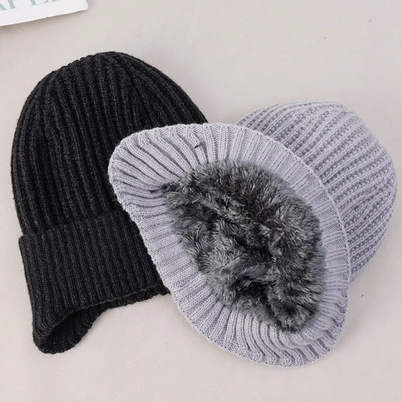 2023 Winter Wool Knitted Bomber Hats Earmuffs Integrated Plush Thick Hat Elder Warm Cold-proof Woolen Neckerchief  Two-piece Set