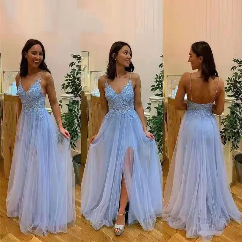 Robe de bal de forme trapèze, tenue de soirée de standing, bleu clair, fendue, avec des appliques en dentelle et des perles, col en V, bretelles Spaghetti, dos nu, Tulle, 2021