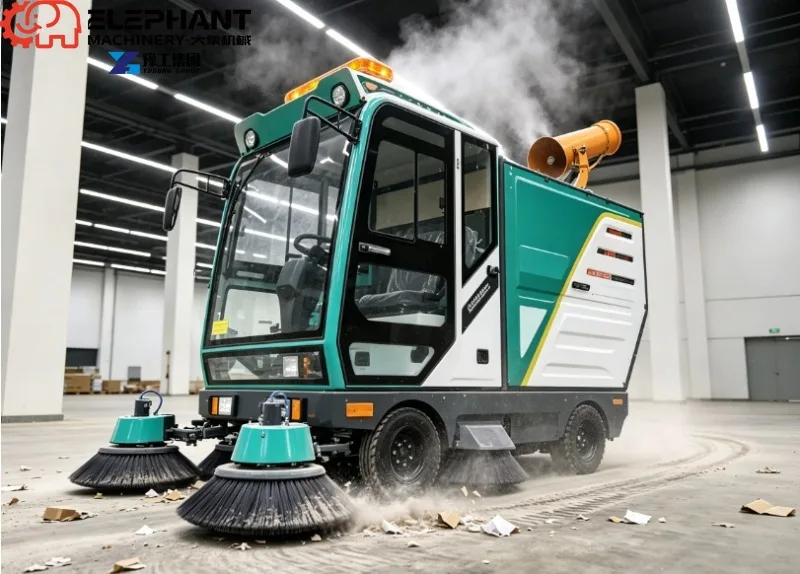 Ride-on Electric Floor Sweeper Fully Enclosed Cabin With Fog Cannon For Construction Site Dust Cleaning