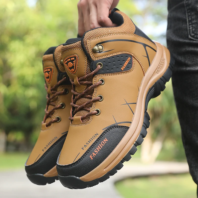 Men's High-top Boots Outdoor Non Slip Camping Hiking Shoes Fashion Leather Casual Boots Laced Mens Ankle Boots Botas Para Hombre