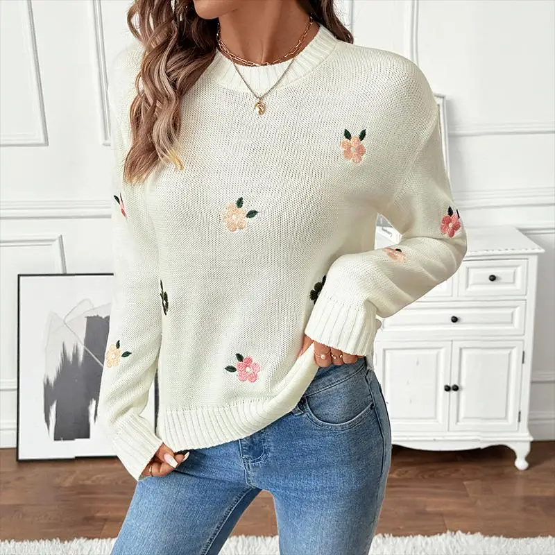

Women's Cream White Floral Embroidery Crew Neck Knitted Sweater Long Sleeve Autumn Winter Casual Feminine Daily Fashion Pullover