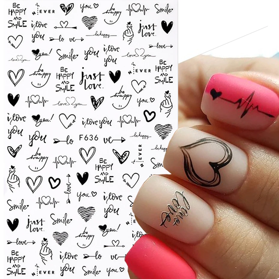 3D Nail Stickers Heart Love Geometry for Nails Gold Letter Stickers Face Gradient Adhesive Sticker Nail Design Art Decorations