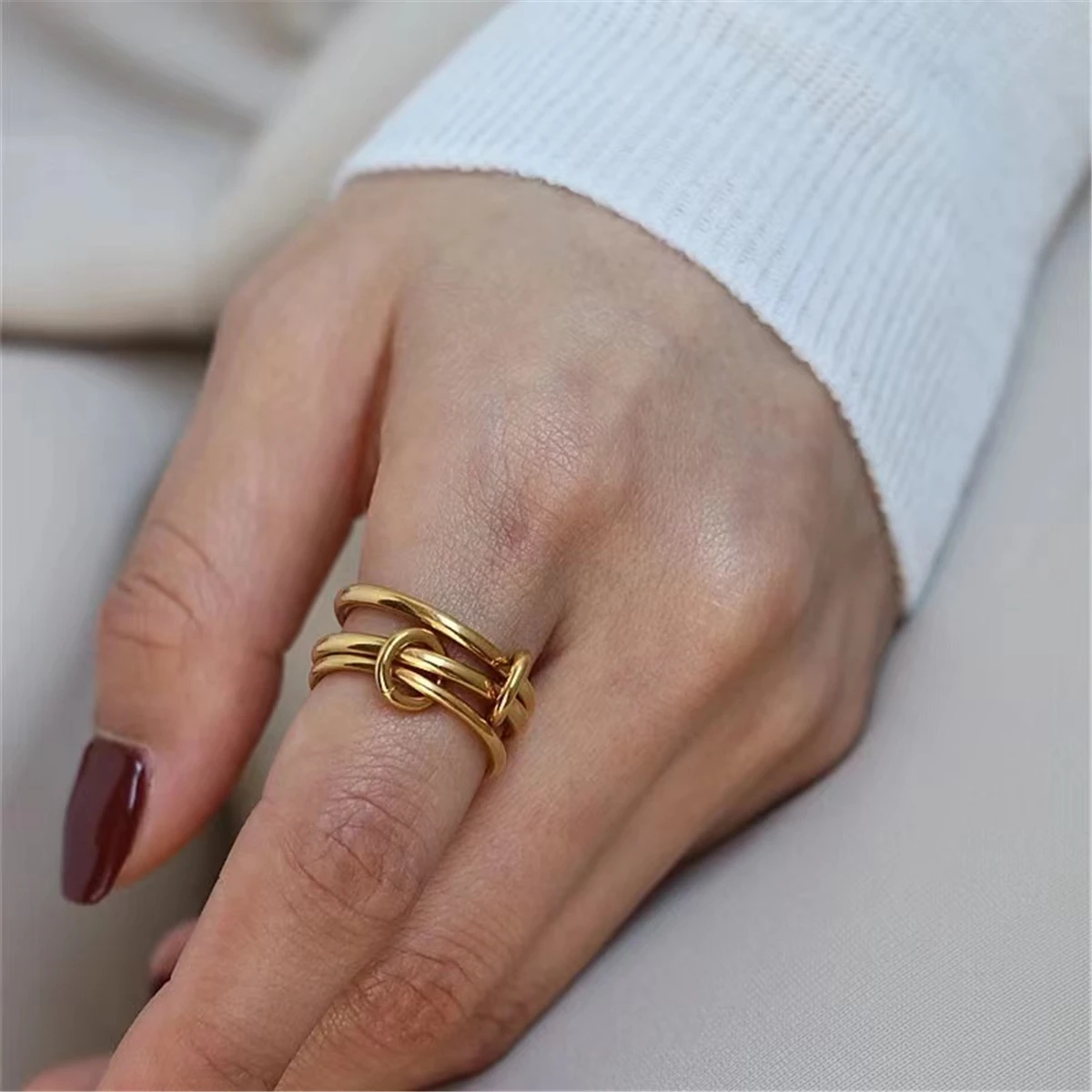Creative 18k Gold Plated Stainless Steel Multiple Layers Finger Rings for Women Fashion Jewelry Gift
