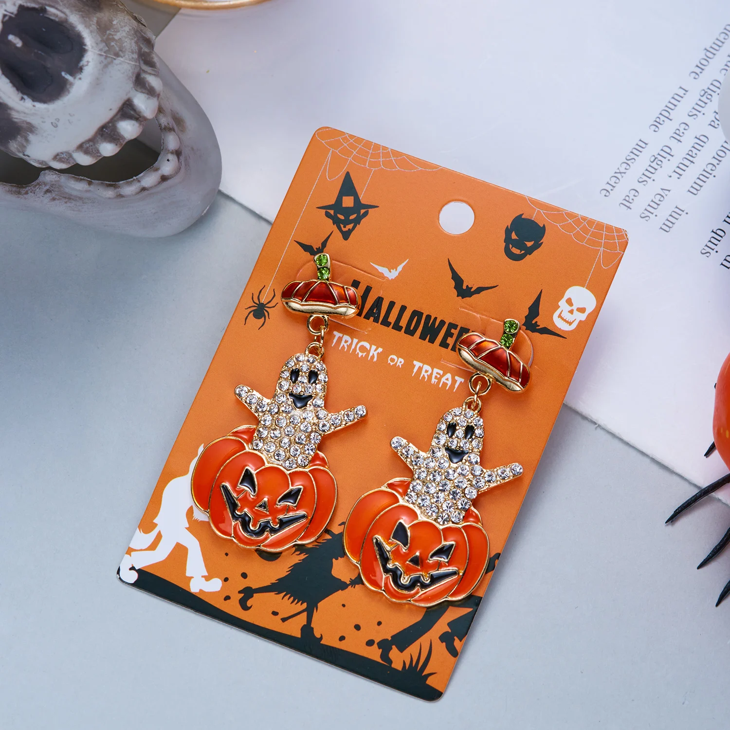 Sparkling Cubic Zirconia Ghost Pumpkin Dangle Earrings For Women Cute Enamel Jack O Lantern Drop Earring Halloween Party Jewelry
