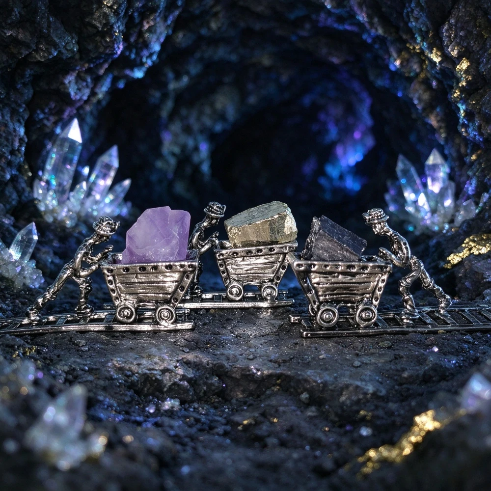 Mini Metal Miner Figure with Railway Mine Cart Natural Raw Crystal Ore Desktop Ornament, Gemstone Collectible Decor Gift