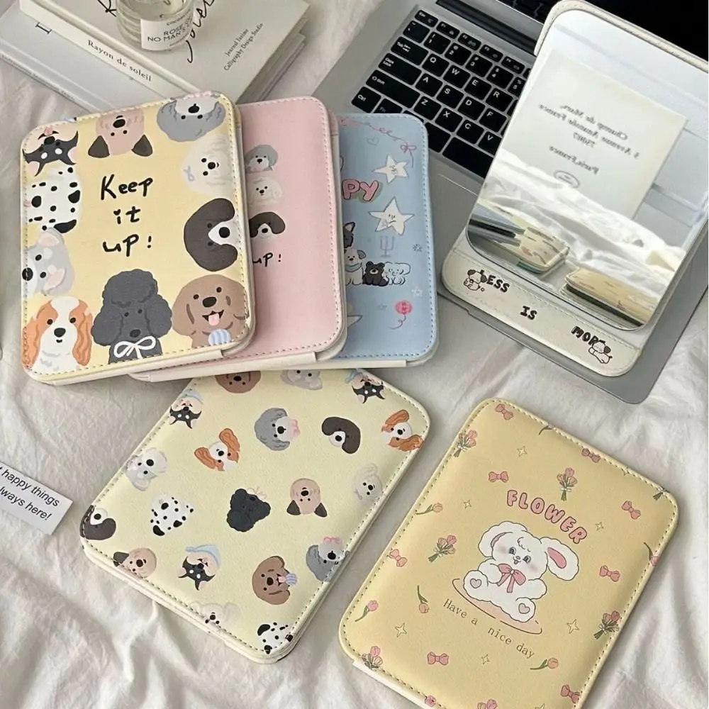 Portable Pu Leather Desktop Stand Mirror Cartoon Puppy Flower Fold Makeup Mirror Folding Delicate Vanity Mirror Cosmetic Tools