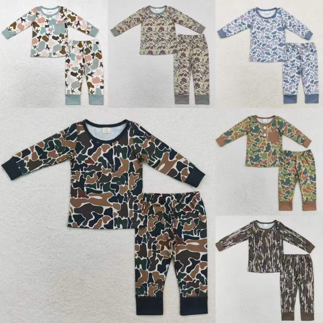 

Wholesale Infant Camo Shirt Ducks Dogs Pants Nightwear Children Kids Pajamas Sets Baby Boy Toddler Long Sleeves Sleepwear Outfit