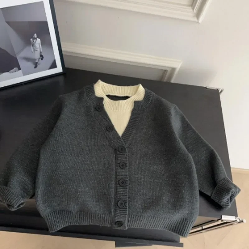 

Boys' Fake Two-piece Knitted Tops for Autumn Children's Korean Style Splicing Hot Style Fashion Sweaters
