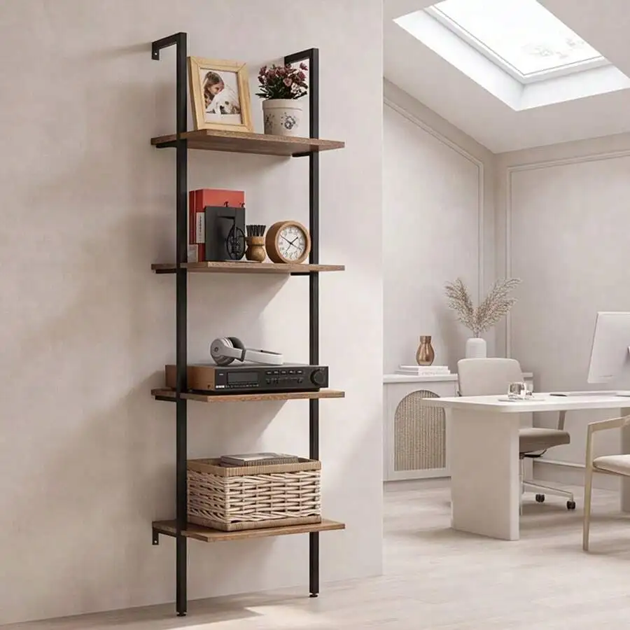 4‑Tier Ladder Shelf, Industrial Metal Frame Bookshelf, White Marble Wood Tall Open Display Storage Rack, Wall‑Mount Wide Bookcas