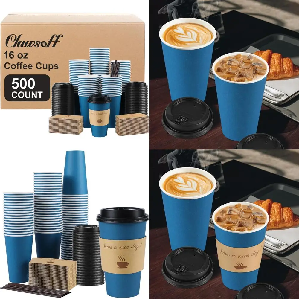 

Disposable 16 oz Paper Coffee Cups with Lids, Sleeves, and Stir Sticks for Hot/Cold Beverages, Pack of 500