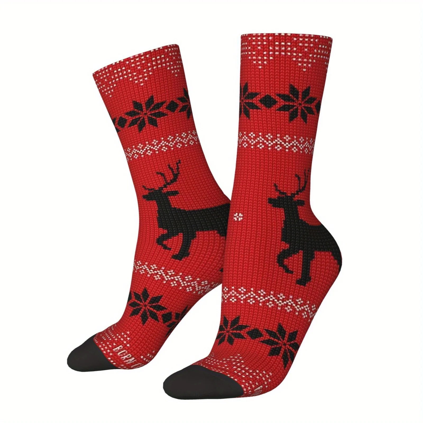 

Women'S Festive Reindeer Socks - Red with Black Snowflake Print, 95% Polyester, 5% Spandex, Machine Washable