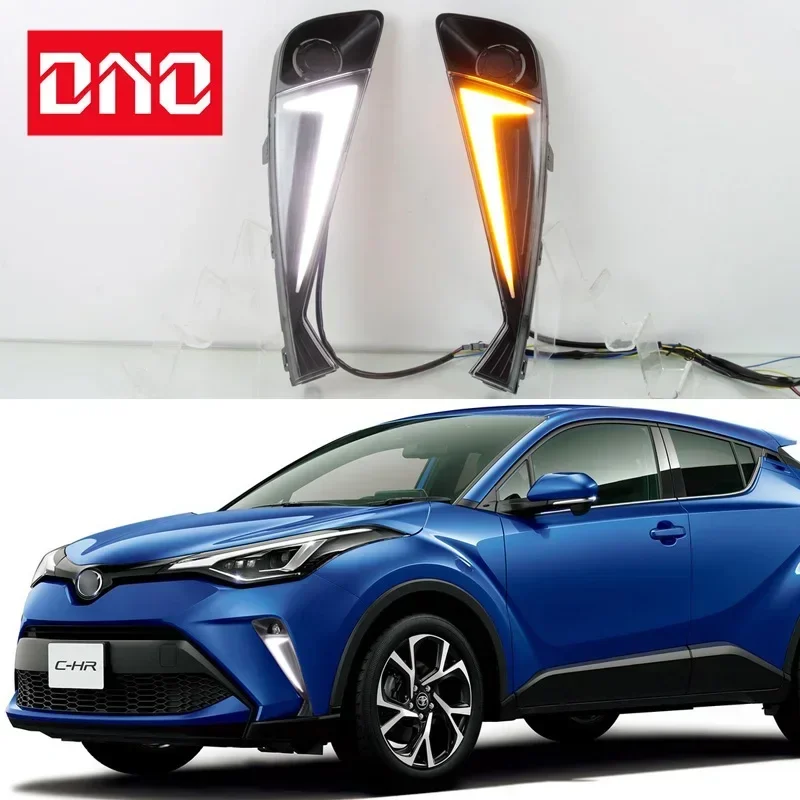 Car LED Daytime Running Lights For Toyota C-HR CHR 2020 2021 2022 Yellow Turn Signal Night Blue Running Lamps Car Foglamp