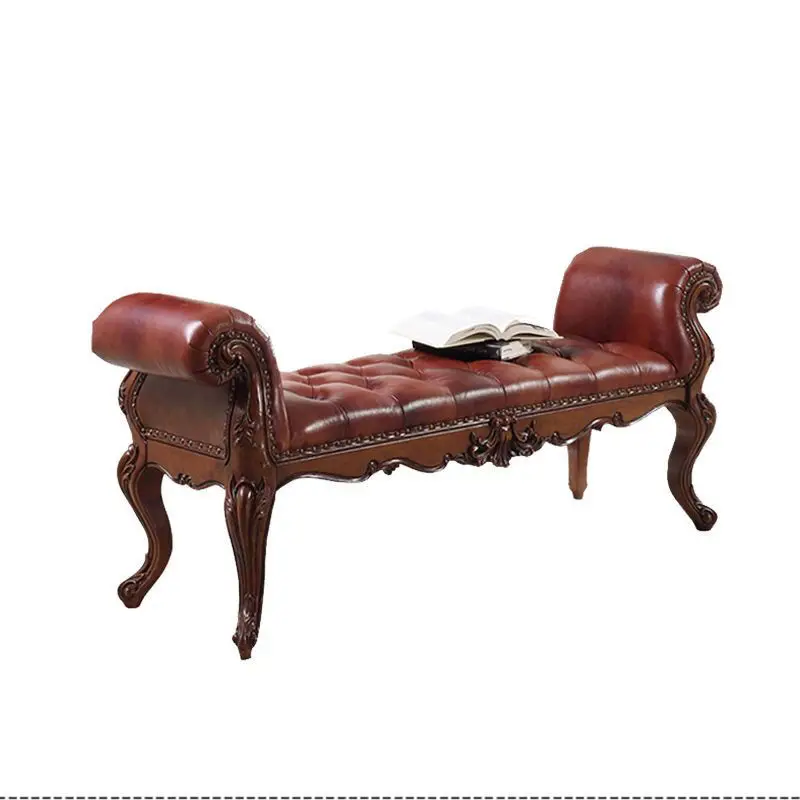 

American leather bedside solid wood bedroom full solid wood bed front stool bedside bench shoe change European single luxury