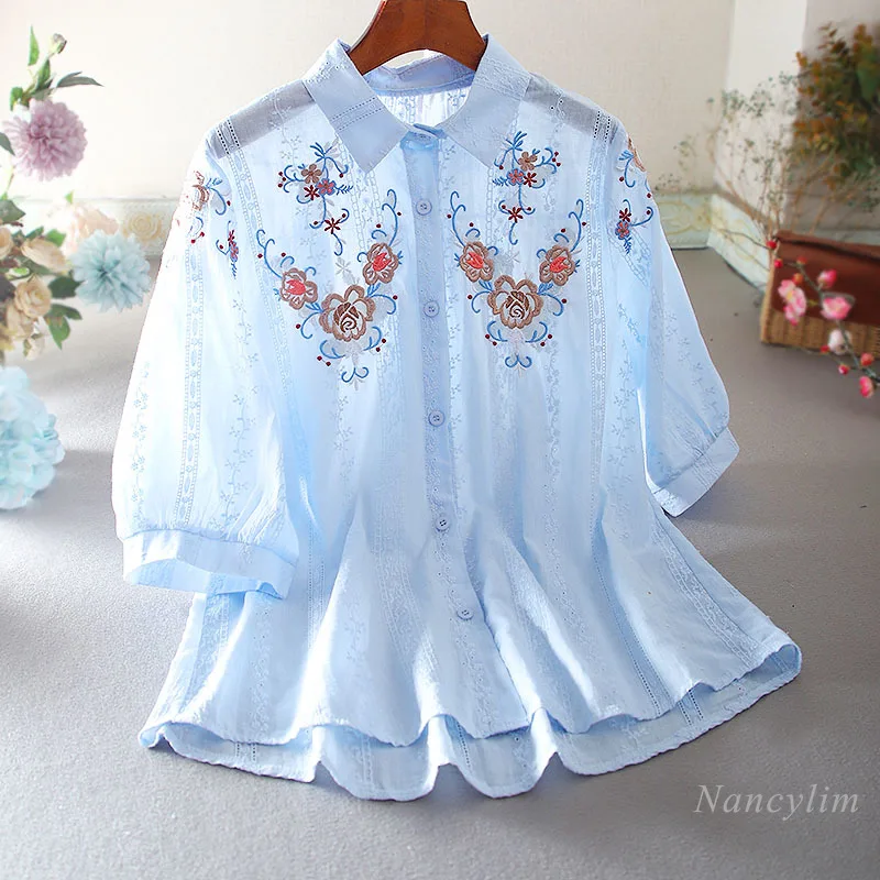 

Summer Lapels Cotton Blouse Loose Temperament Casual Exquisite Embroidery Floral Short Sleeve Lace Top Buttons Shirts