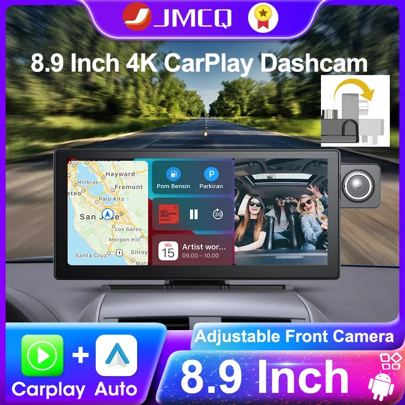 JMCQ 8.9 Inch Adjustable Front Lens Dash Camera 4K Car DVR Wireless Carplay & Android Auto WiFi Bluetooth GPS Navigation DVR