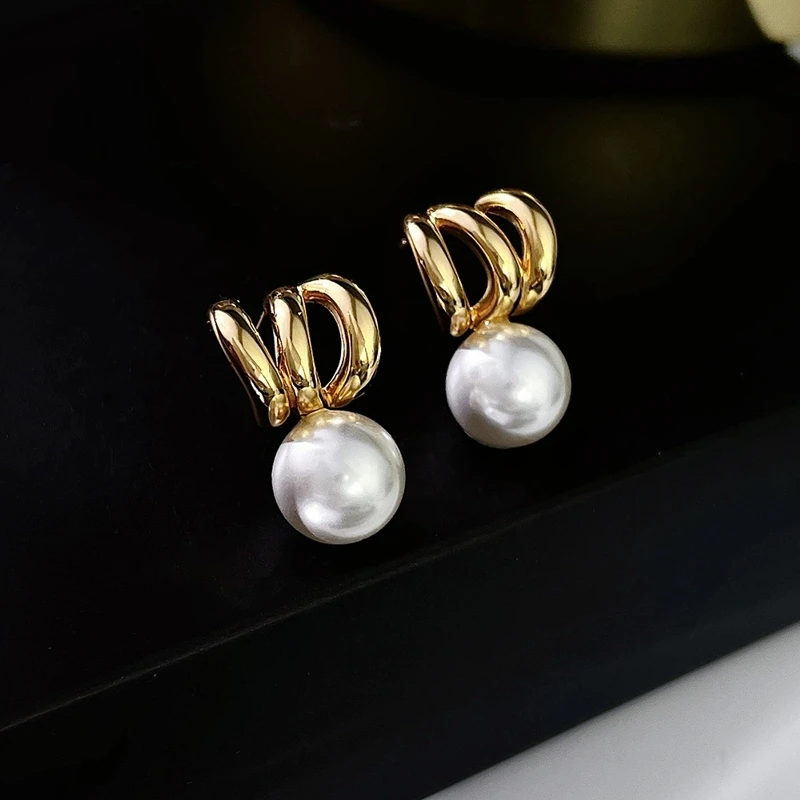 925silver Round Pearl Drop Earrings for Women Golden Color C-Shape Metal Claw Dangle Earrings Wedding Party Jewelry pendientes