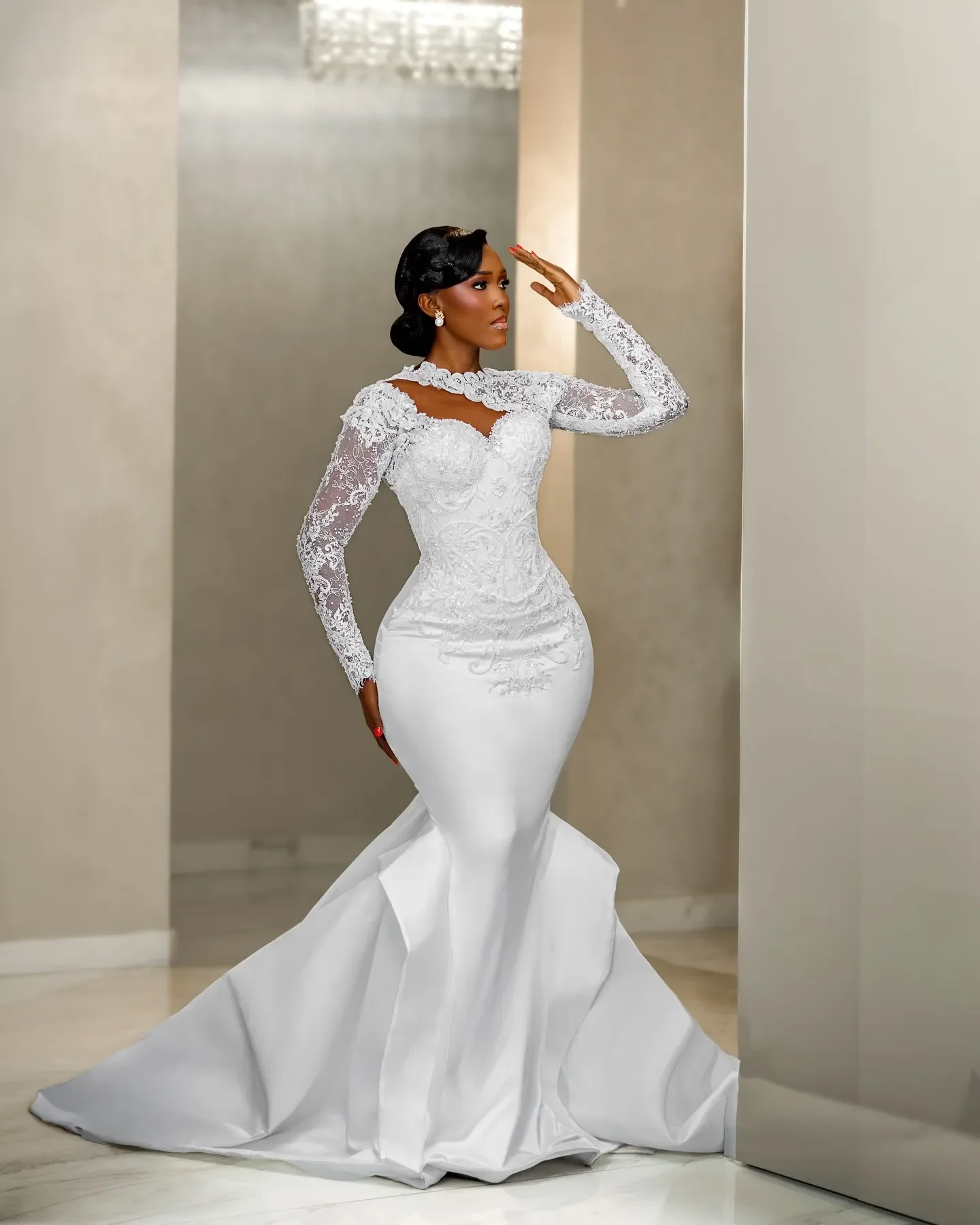 Customized High Collar Shinny Appliques Beads Mermaid Wedding Dress Sweep Train Vestidos De Noiva Full Sleeves Bridal Gown