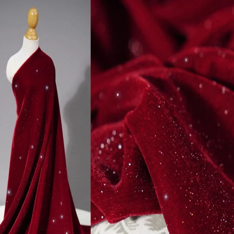 Wine Red Diamond Sparkling Velvet Starry Fabric Soft and Smooth Sparkling and Flowing with A Drape Feeling Dress Fabric