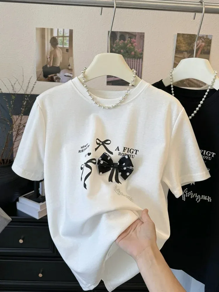 

2025 Summer New Women's T-shirt Fashion Bow Short Sleeve Casual O-Neck Top