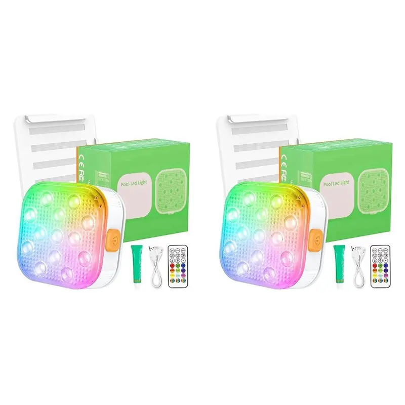 Premium-2X Rechargeable Submersible Pool Lights With Remote, IP68 Waterproof 16 Color Changing LED Lights With Glue