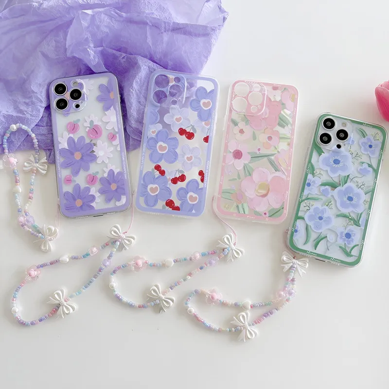 

Flower Pearl Chain Rope Soft Silicone Phone Case For Xiaomi Mi 12 11T 10T 9T 11i 11 Lite Poco F3 M4 M3 Pro X3 NFC Lanyard Cover