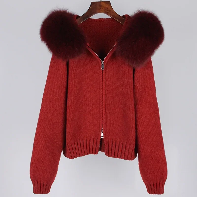 2024 American Fashion Autumn Winter Women Casual Hooded Real Fox Fur Collar Fashion Short Knitted Jacket with Natural Fur Coat