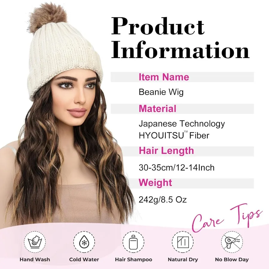 REECHO قبعة شعر مستعار مع 12 وصلات شعر متموجة للشاطئ قبعة محبوكة دافئة مع قطعة شعر صناعية للنساء قبعة بيج حواجب داكنة