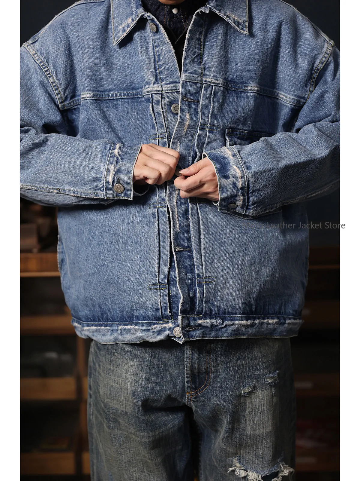 

Type1 T-Back Denim Jacket Retro Washed Selvedge Denim Drop Shoulder Relaxed Fit Coat