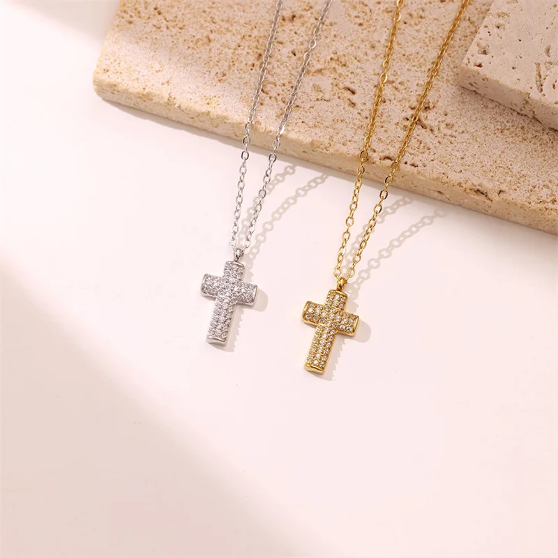 Fashion Female Religion Cross Pendant Necklace Stainless Steel Clavicular Chain Prayer Vintage Jewelry Gift