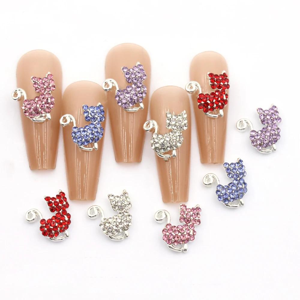 10Pcs Pink Cat Nail Charms 3D Glitter Zircon Rhinestones Metal Cat Nail Art Jewelry Decorations Luxury DIY Manicure Supplies