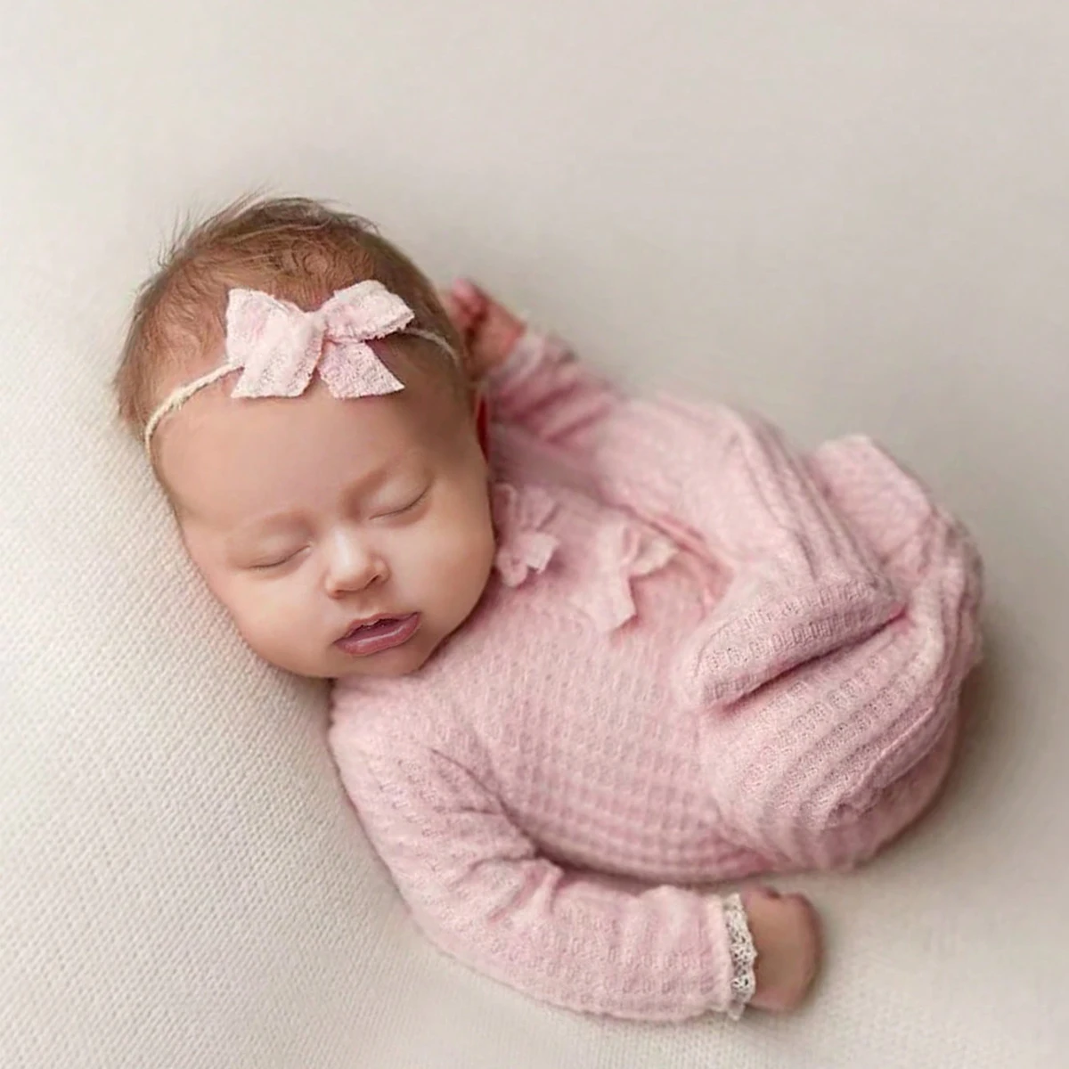 Ylsteed Newborn Photography Jumpsuit with Bow Hairband Baby Girl Costume for Photo Shooting Infant Pink Long Sleeve Bow Oufits