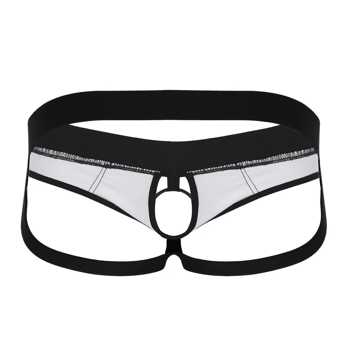 Mens Faux Leather Lingerie Sexy Panties Open Back Hollow Out Jockstrap Low Rise Bikini G-string Underwear with Metal O-Ring