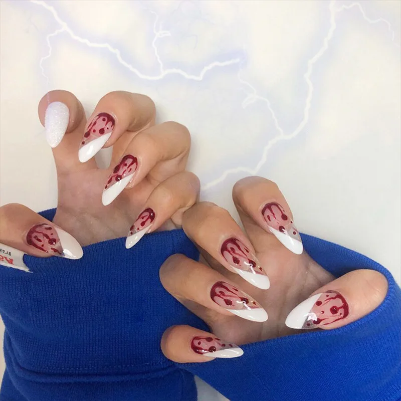 

24pcs Halloween Horror Press-On Nails - Blood Drip & White Slash Design Long Almond Shape 3D Gore Effect