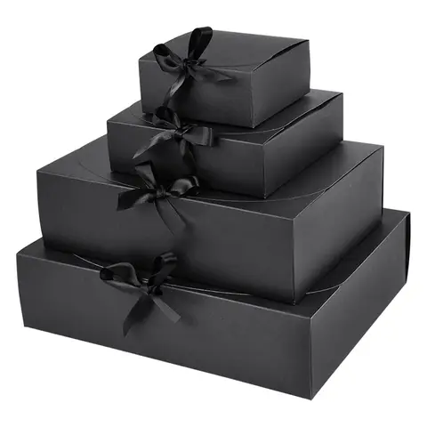 5Pcs Black Kraft Paper Gift Box With Bow Ribbon Large Size Packaging Box For Birthday Wedding Party Gift Boxes Decor Supplies