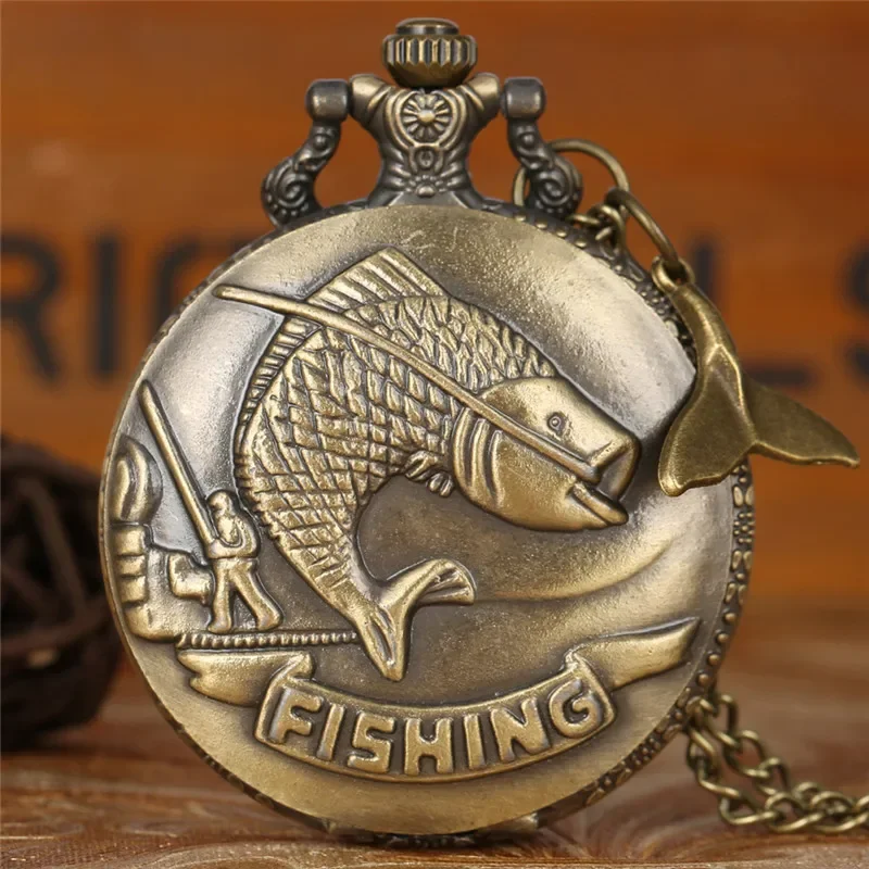 Classical Engraved Fishing Design Animal Quartz Pocket Watch for Men Women with Pendant Fish Tail Accessory Necklace Chain