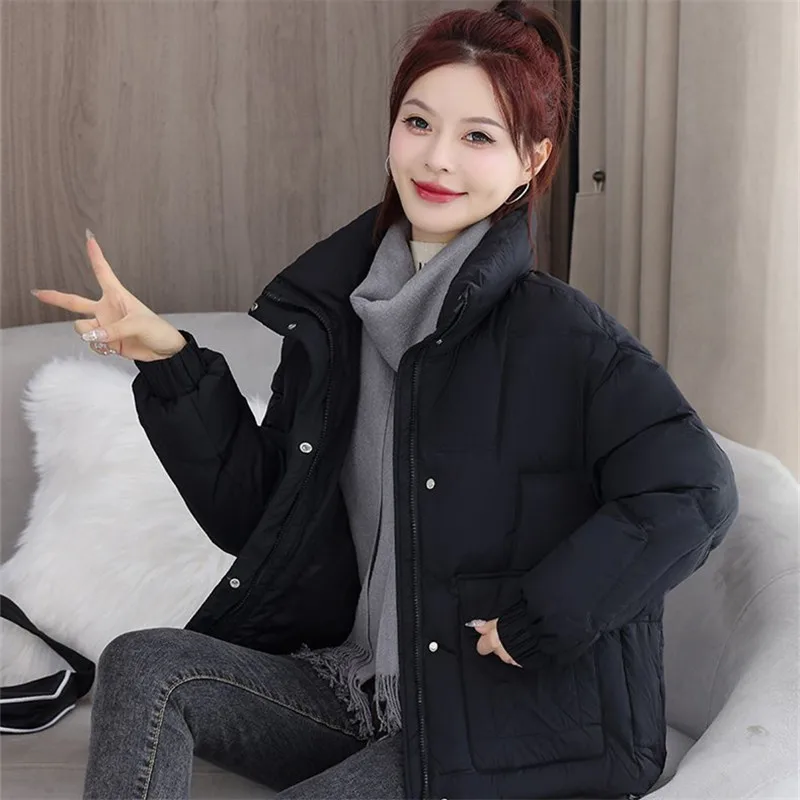 2024 Winter New Fashion Cotton-padded Jacket Korean Loose Stand Collar Thicken Warm Parkas Coat Women Clothes Black Outerwears