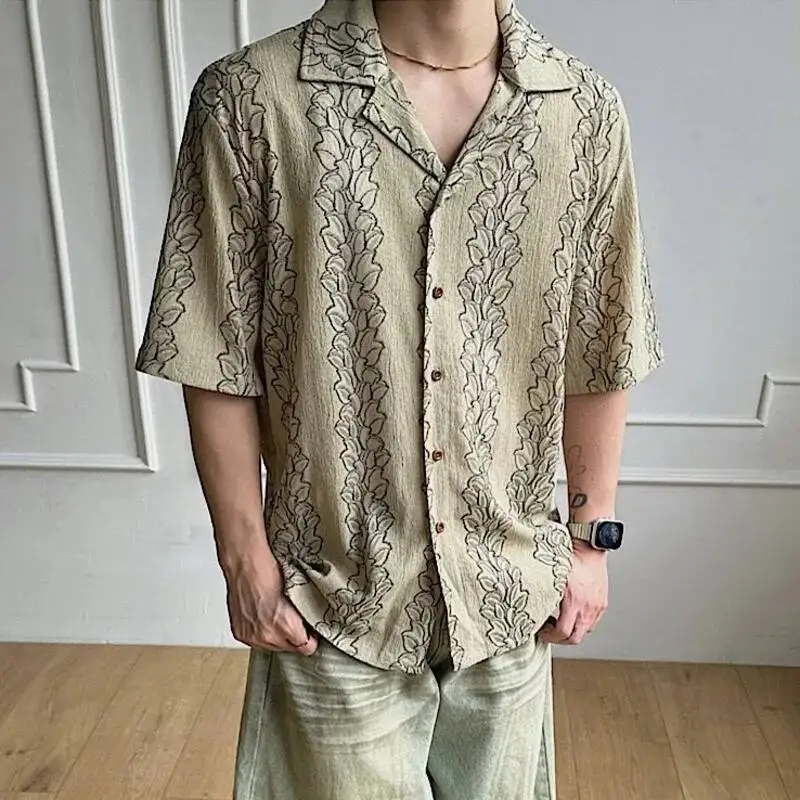 Men Vintage Leaf Print Cuban Collar Short Sleeve Shirt Lace Line Pattern Loose Summer Single Breasted Casual Blouse BYCD
