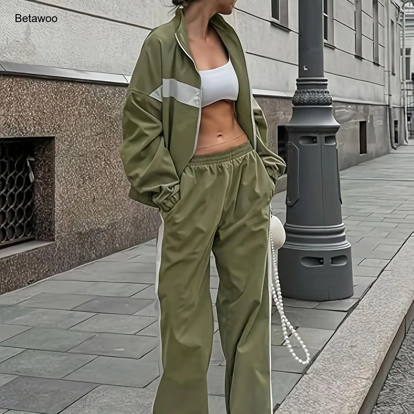 

Retro Color Block Tracksuit for Women - 2 Piece Green Oversized Zip Jacket Elastic Waist Pants, Streetwear Casual Set