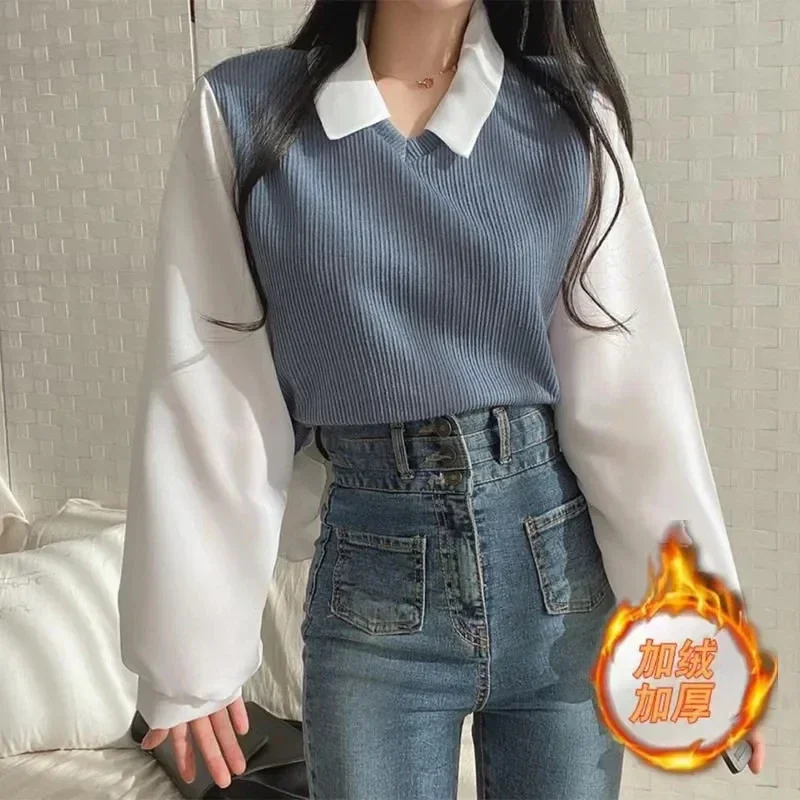 Blouses Women Chic Fake Two Thicked Shirts 2024 Blusas De Mujer Loose All-match Temperament Korean Tops Female