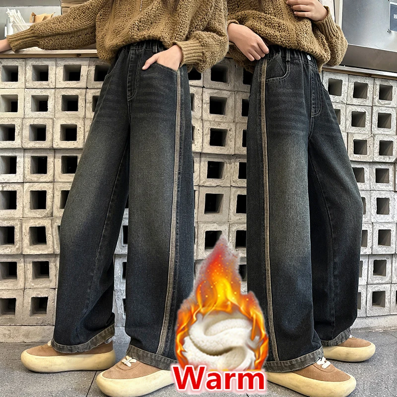 

Winter Kids Vintage Insulated Curved Jeans for Teen Girls Retro Warm Carpenter Denim Pants with Fleece Lined Corduroy Trousers