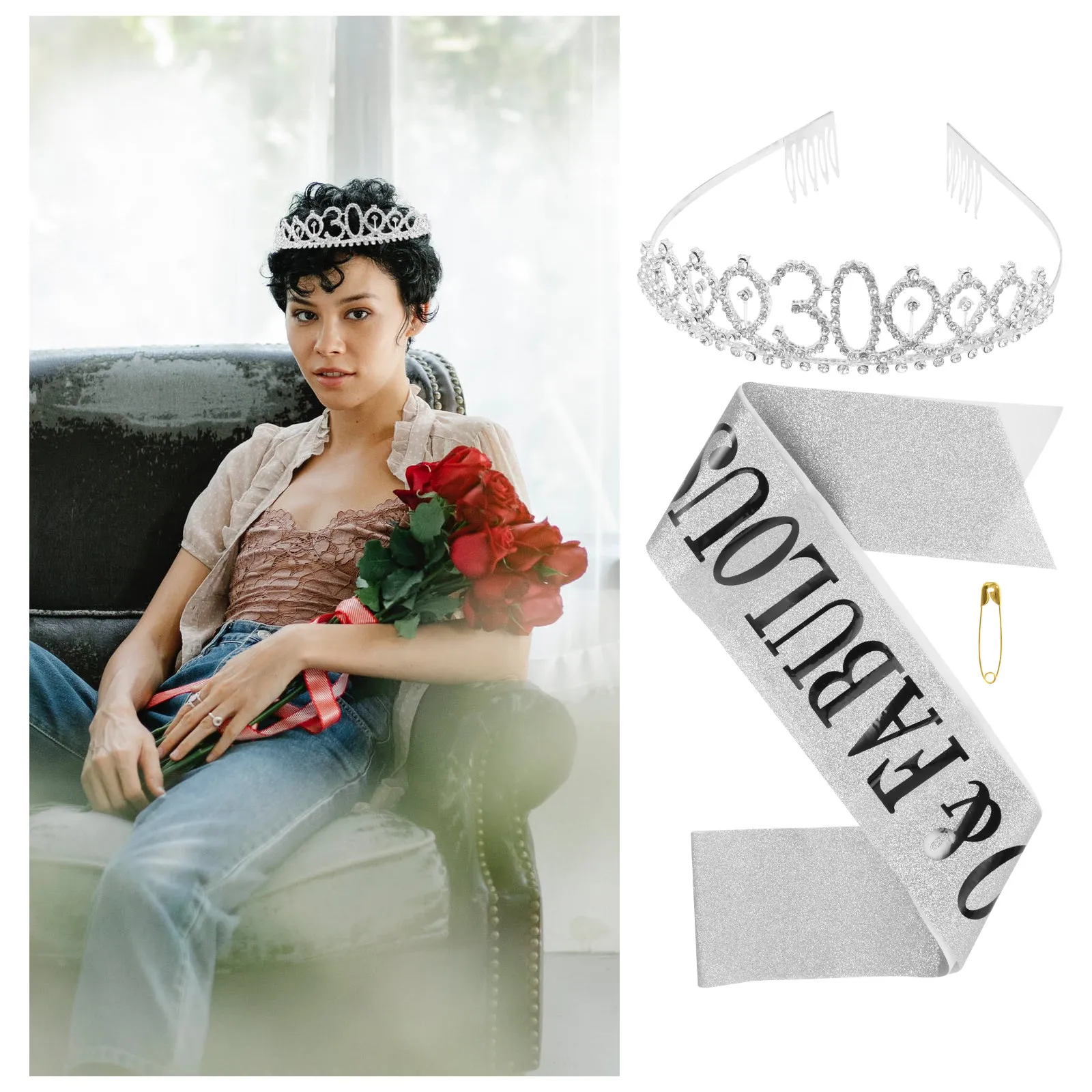 Birthday Sash and Tiara Set Rhinestone Crown Headband Alloy Lightweight Comfortable Party Accessory for One Size Fits Most
