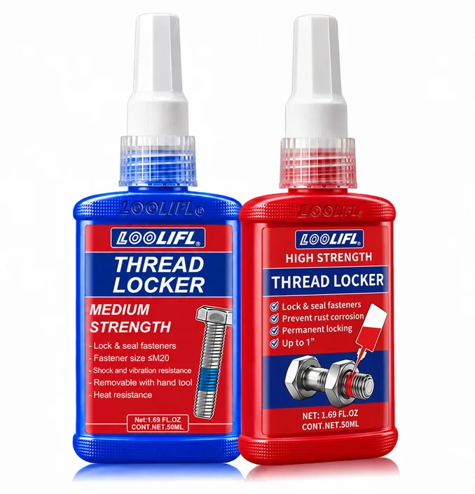 Threadlocker—Medium to High Strength Threadlocker in Blue and Red, for Nuts, Bolts, and Metal Fasteners—Locks to Prevent Loosening, Seals and Prevents Corrosion, Long-Term Stability