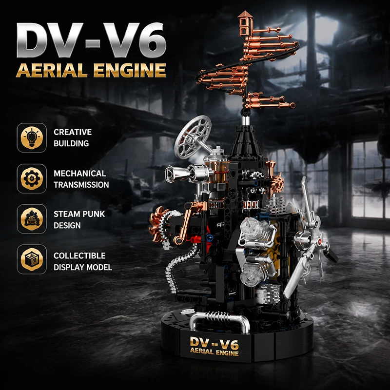 New V6 Aerial Motorized Engine Mechanical MOC Building Blocks Retro Steampunk Helicopter Rotor Model Creative Bricks Toys Gifts