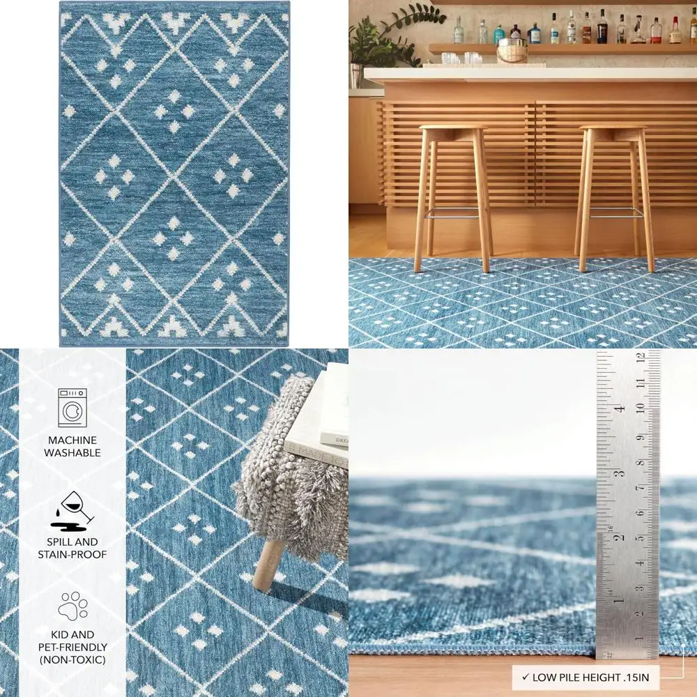 

Machine Washable Area Rug 4x6 Feet Indigo Diamond Accent Lightweight Anti-Slip Backing for Easy Maintenance