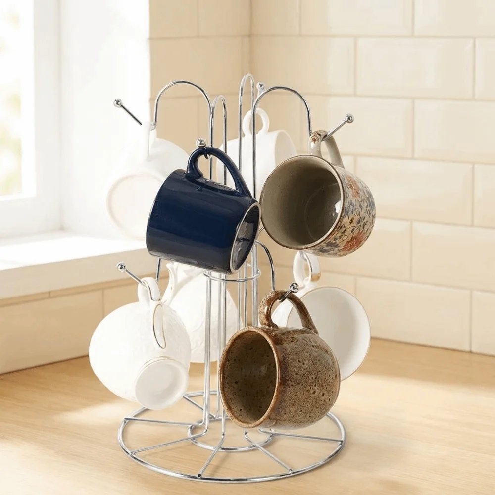 Durable Iron Tree Shape 8 Mug Holder Silver Rust Resistant Cup Drying Rack Fine Workmanship Coffee Mugs Storage Rack Office
