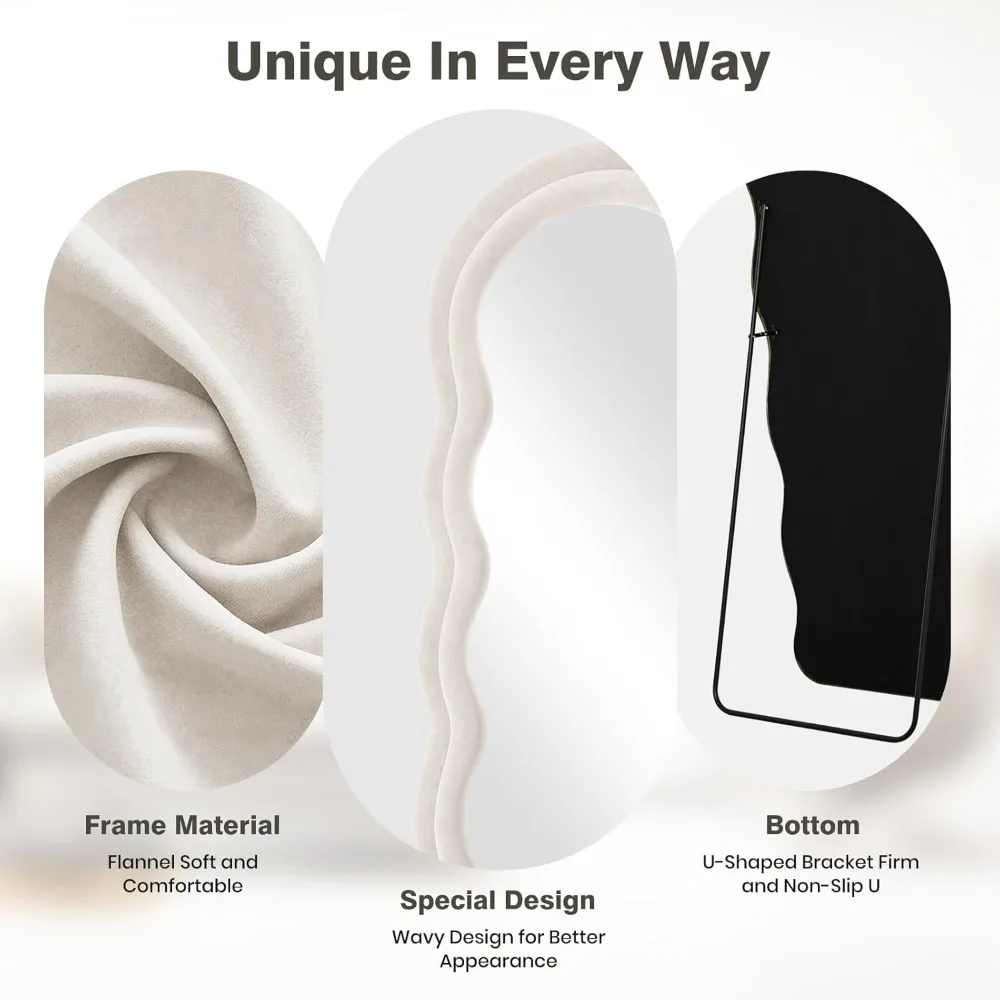 مرآة حائط مقوسة مموجة لكامل الجسم مقاس 63 × 24 إطار من الفلانيل العاجي، مرآة حائط معلقة على الأرض #3