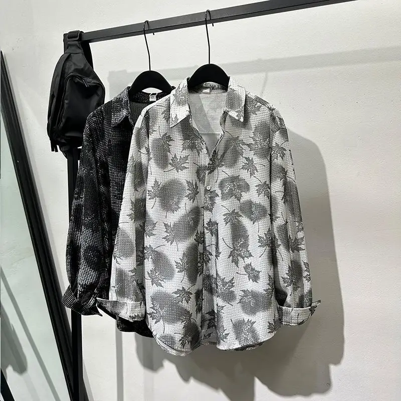 Popular Glossy Printed Loose Long Sleeves Shirt Men and Women Ruffle Handsome Stylish Flow Design Sense Model Style