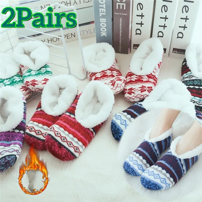 Ins Cordeiro Plush Floor Socks, Anti Slip Slippers, Grossa, Quente, Interior, Conforto, Inverno, 2 Pares